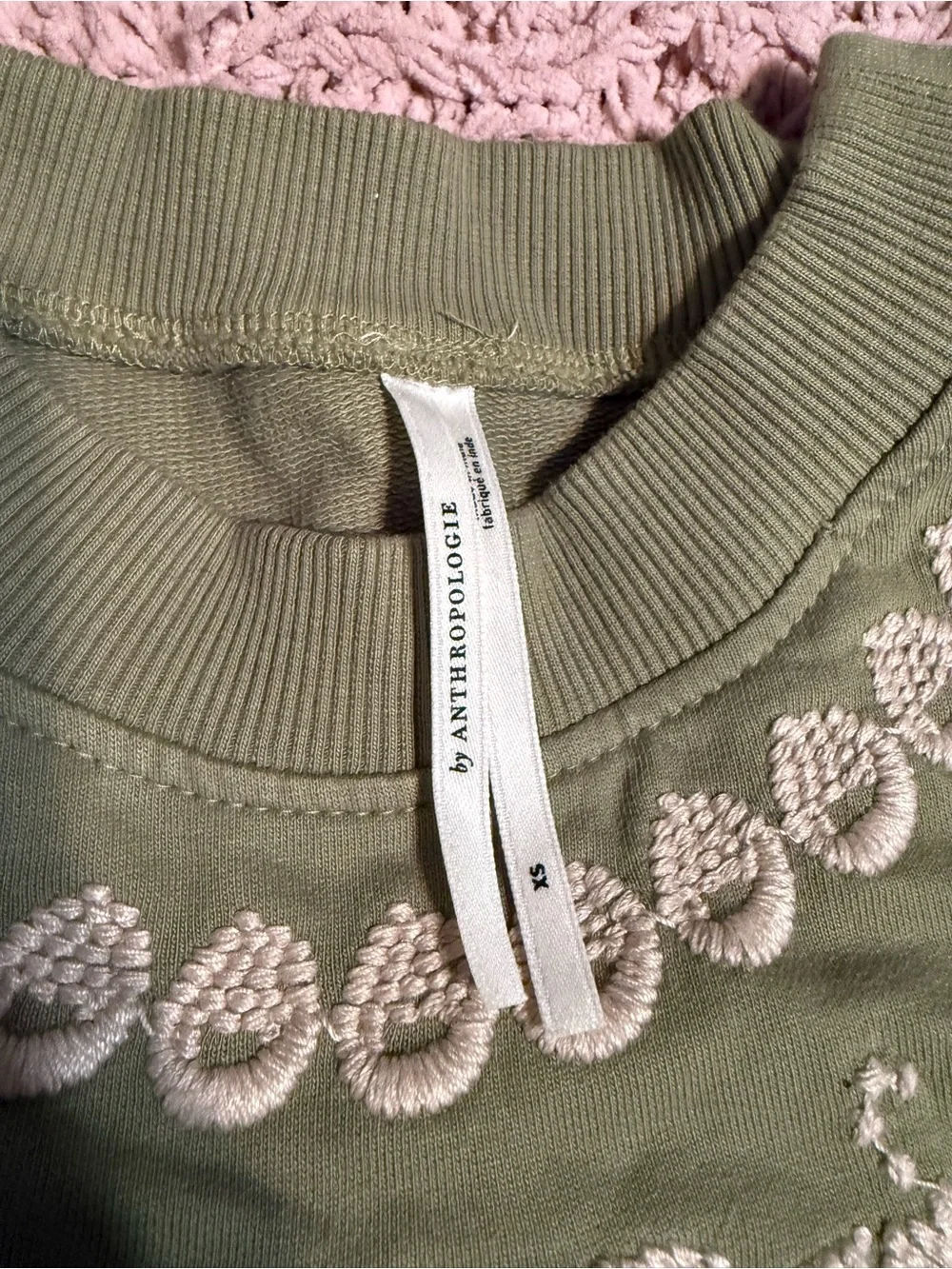 Anthropologie Olive Green Puff Sleeve Embroidered Sweatshirt